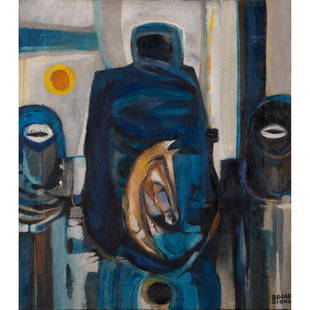 Bocar Pathé Diong (1946-1989, Senegal) Les Hommes Bleus (The Men in Blue), 1974: Bocar Pathé Diong (1946-1989, Senegal)Les Hommes Bleus (The Men in Blue), 1974Oil on canvasSigned "BOCAR DIONG" on the lower right cornerSigned, dated, titled on the back "Les hommes bleus (2)";