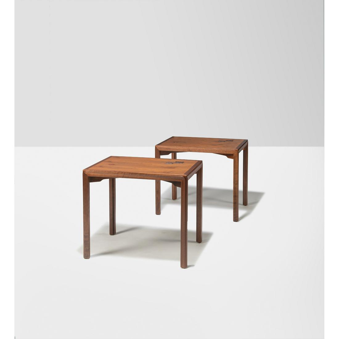 Edward J. Wormley (1907-1995) & Otto Natzler (1908-2007): Edward J. Wormley (1907-1995) & Otto Natzler (1908-2007) Pair of side tables Walnut and ceramic Edited by Dunbar Manufacturer's plaque on the underside Model created in 1957 H 65 × L 76 × W 