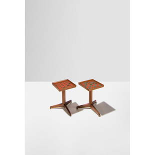 Edward J. Wormley (1907-1995) & Otto Natzler (1908-2007) Pair of side tables: Edward J. Wormley (1907-1995) & Otto Natzler (1908-2007)Pair of side tablesWalnut, ceramic and brassEdited by DunbarManufacturer's label on the undersideModel created in 1960H 41 &#215; L 40 &#215; W