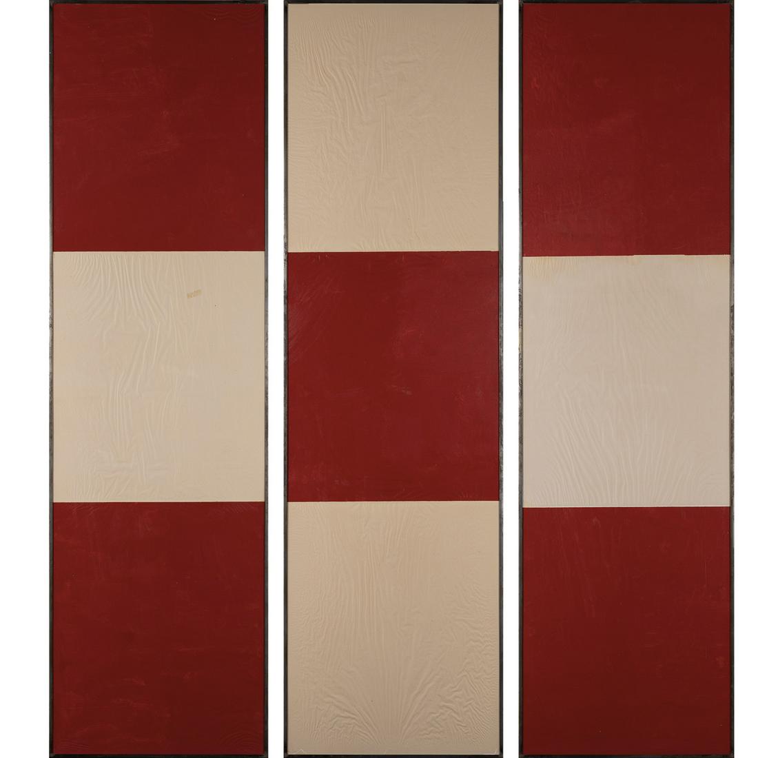 Jean-Pierre Bertrand (1937-2016) Rouge-Blanc-Rouge (Triptyque), 1988: Jean-Pierre Bertrand (1937-2016)Rouge-Blanc-Rouge (Triptyque), 1988Acrylic, collage and salt on paper, Plexiglas and metal angle iron282 x 82,5 x 2,5 cm (each)Provenance:- Galerie de France, Paris- Ac