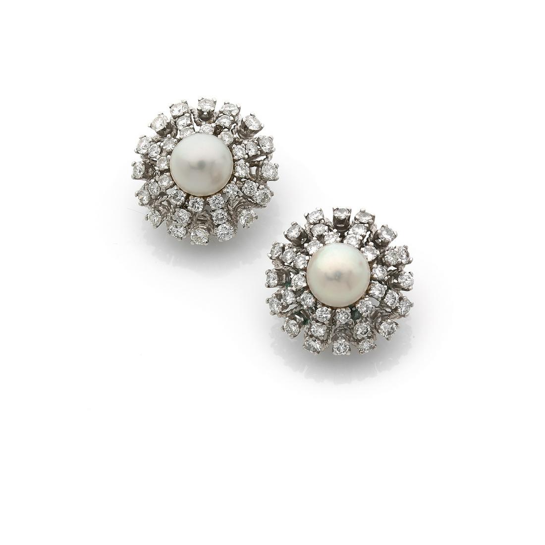 Pair of ear clips in platinum (850â€°) and 18k grey gold (750â€°) with a radiating pattern (1 of 2)