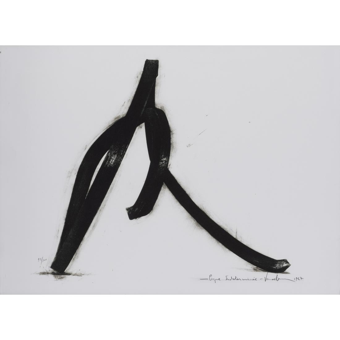 Bernar Venet (born in 1941) Ligne indéterminée - 1987: Bernar Venet (born in 1941)Ligne indéterminée - 1987Zincography on wove paper Signed, dated "1987", titled and numbered "93/100" in pencilPublisher M. Bohbot, Paris56 × 76 cm (S)