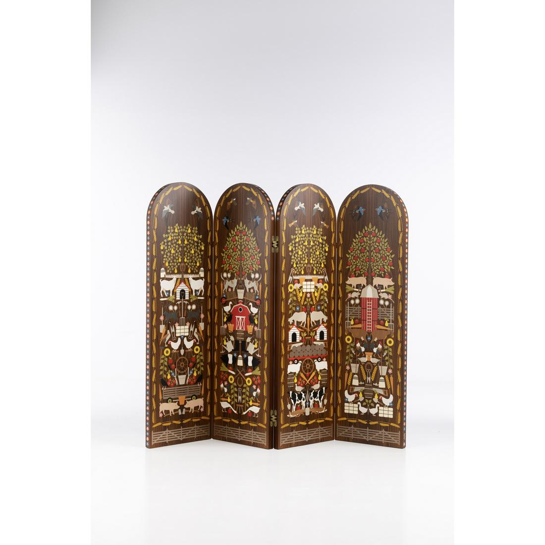 Studio Job (founded in 2000) Bavaria - N°1/6: Studio Job (founded in 2000)Bavaria - N°1/6Four-panel screenRosewood, polychromous wood marquetry and brassBrass 'Job' signature incised in one edge Model created in 2008H 185,5 × L 220 