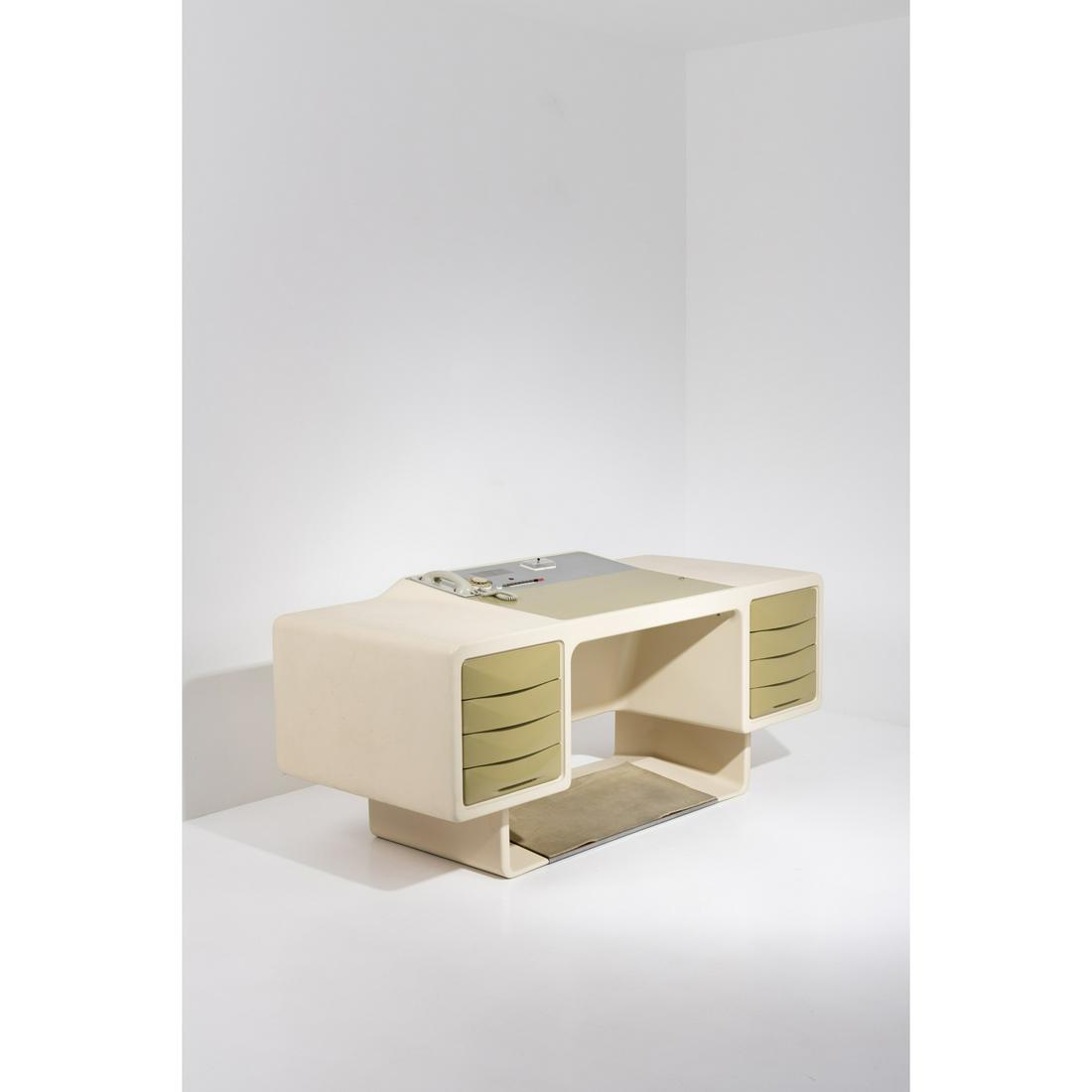 Ernest Igl for Wilhelm Werndl Chairman's desk: Ernest Igl for Wilhelm Werndl Chairman's desk Polyurethane plastic, Nextel facade covers, wood Germany Model created around 1970 H 80 x W 180 x D 81 cm