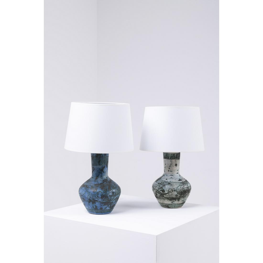 Jacques Blin (1920 - 1995) Two lamps: Jacques Blin (1920 - 1995)Two lampsGlazed ceramic Signed 'Blin' under the baseH 27,5 x D19 cmShade: H 20 x 25 cmTotal height: H 48 cmBibliography : Pierre Staudenmeyer, La céramique français