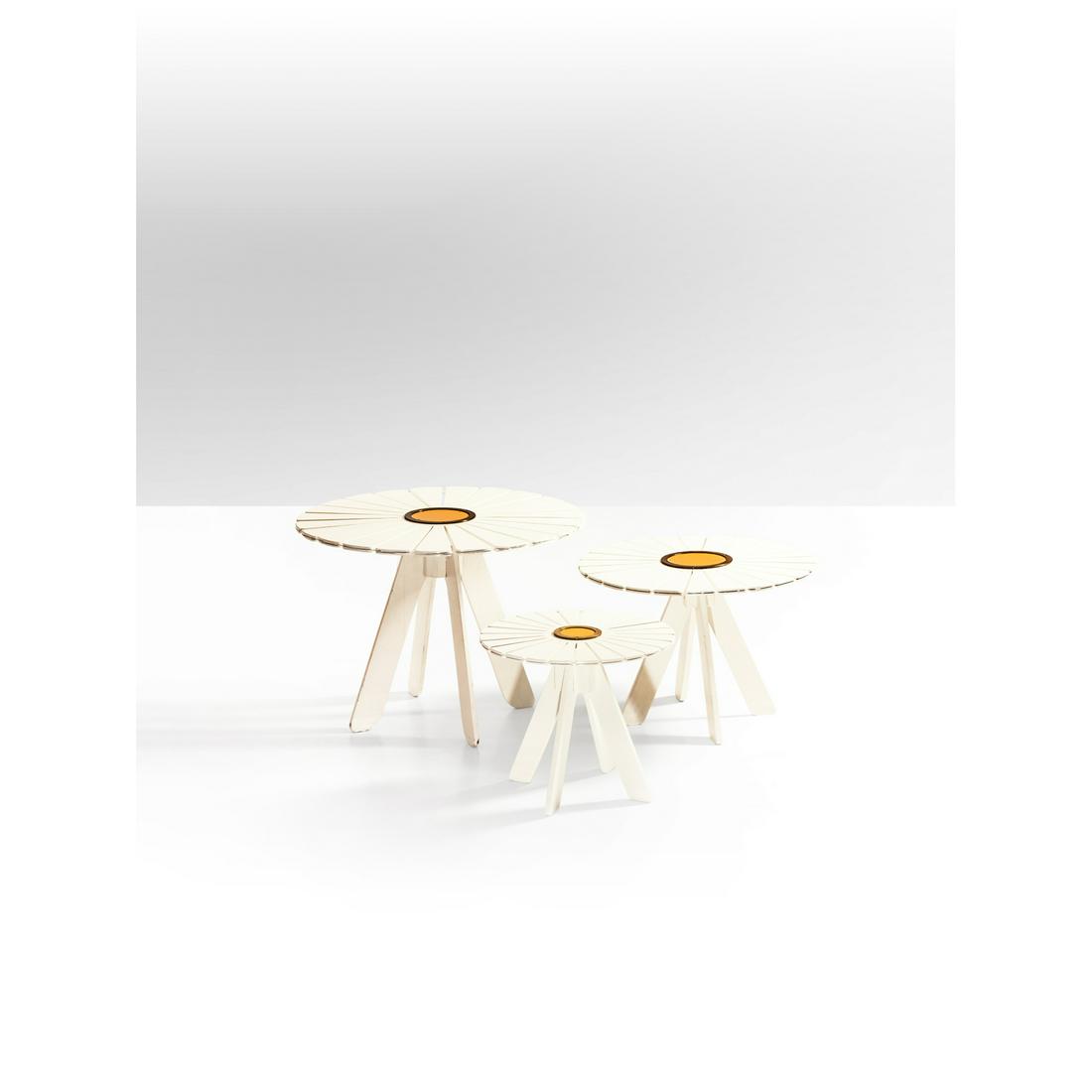 Alvar Aalto (1898-1976) & Aino Aalto (1894-1949) Model n°330, 'Sunflower': Alvar Aalto (1898-1976) & Aino Aalto (1894-1949)Model n°330, 'Sunflower'Set of three tablesBrass, painted wood and painted metalEdited by Jalo-Set KyModel created circa 1938/1939H 72 × Ø
