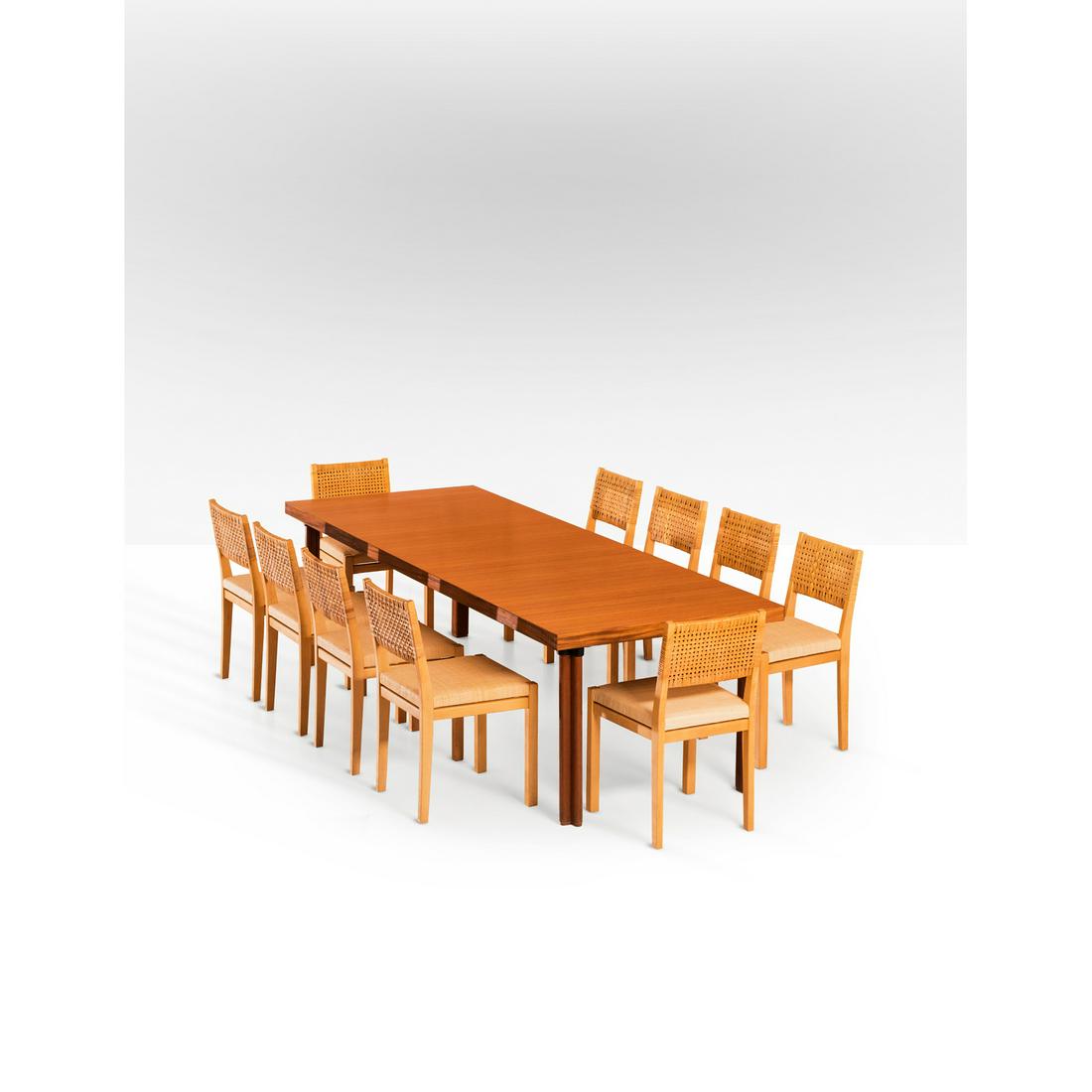 Alvar Aalto (1898-1976) & Aino Aalto (1894-1949) Set of ten chairs Model n°615 and a dining: Alvar Aalto (1898-1976) & Aino Aalto (1894-1949)Set of ten chairs Model n°615 and a dining tableTeak, birch and rattanEdited by ArtekModel created in the 1950'sTable : H 70 × L 255 × P