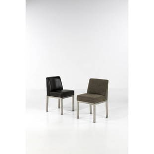 Wabbes Jules (1919-1974) for Le Mobilier Universel Two chairs: Wabbes Jules (1919-1974) for Le Mobilier UniverselTwo chairs'Louise'Chrome-plated metal, leather and fabricModel created circa 1970H 74 x W 44 x D 44 cmProvenance : private collection