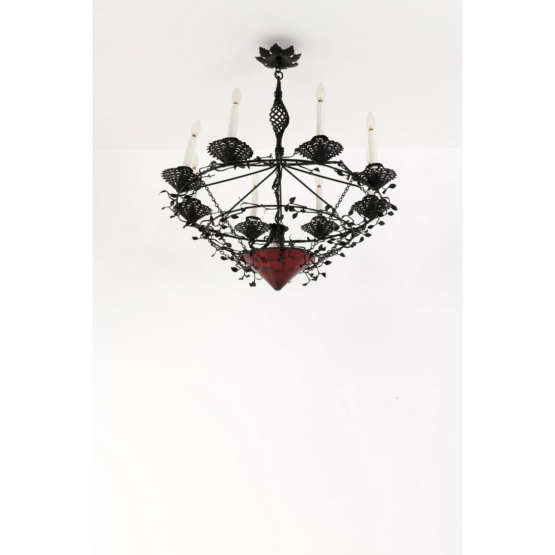 Umberto Bellotto (1882-1940) Suspension: Umberto Bellotto (1882-1940)SuspensionWrought iron, metal and painted blown glassModel created in the 1920sH 99 × Ø 100 cmBibliography: A. Pozzi, Umberto Bellotto:Venetian Ironworker, Ed. Za