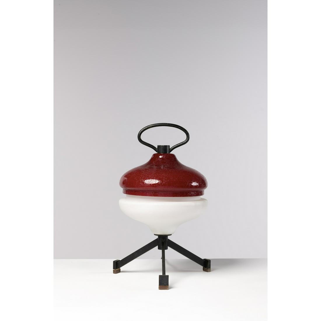 Vinicio Vianello (1923-1999) Table lamp: Vinicio Vianello (1923-1999)Table lampLacquered metal, brass, opaque glass and tinted glassModel created circa 1957H 44 × Ø 26 cmBibliography: ArteCasa magazine n°2, September 1959, n.p