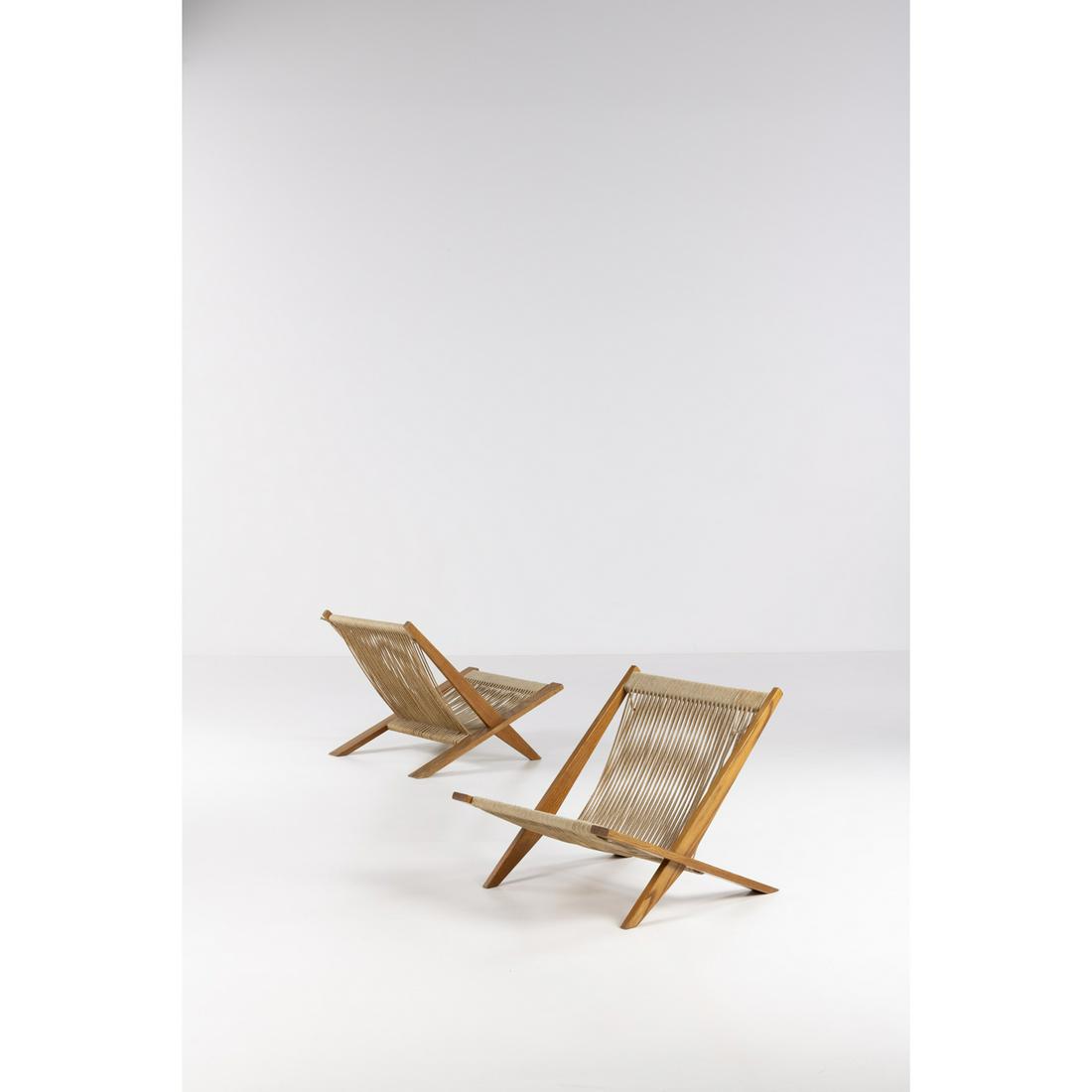 Poul Kjærholm (1929-1980) and Jørgen Høj (1925-1994) Pair of lounge chairs: Poul Kjærholm (1929-1980) and Jørgen Høj (1925-1994)Pair of lounge chairsAsh wood and ropeEdited by Thorvald MadsenModel created in 1952H 61 × L 65 × P 77 cmBibliography: G. J