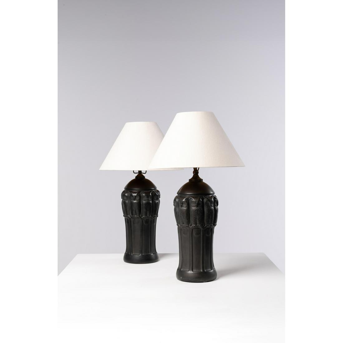 Lauritz Adolph Hjorth (1834-1912) Pair of table lamps: Lauritz Adolph Hjorth (1834-1912)Pair of table lampsGlazed ceramic and fabricSigned 'L. Hjorth' and numbered '653' beneath the base, one inscribed with 'Bornholm'Model created circa 1930H 40 × &#