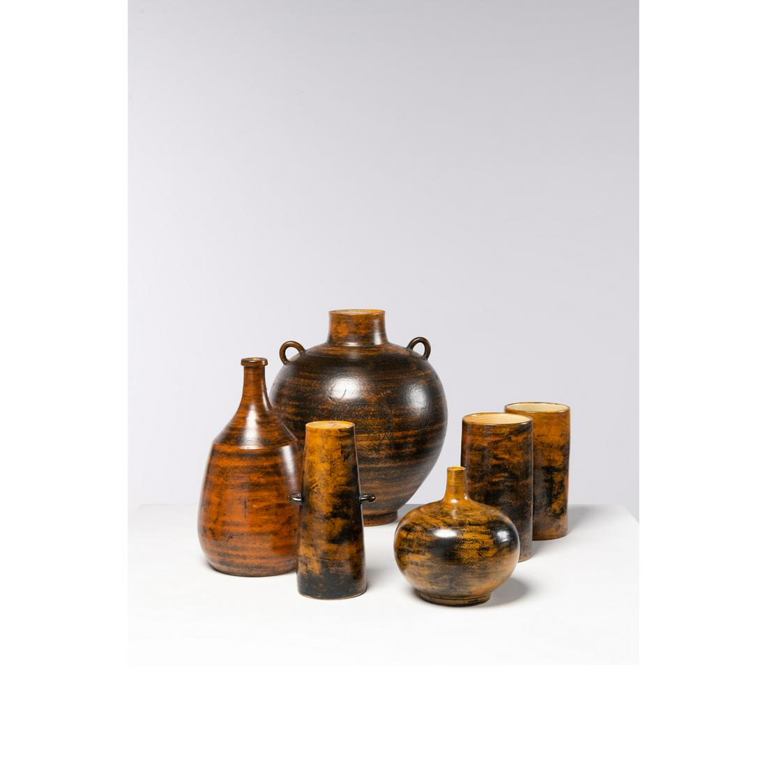 Jacques Blin (1920-1995) Set of six glazed ceramics: Jacques Blin (1920-1995)Set of six glazed ceramicsModel created around 1960All signed 'J.Blin' under the baseLamp stand H 38 x W 30 x D 30 cmLamp stand H 34 x W 18 x D 34 cmSmall vase with handle H 24