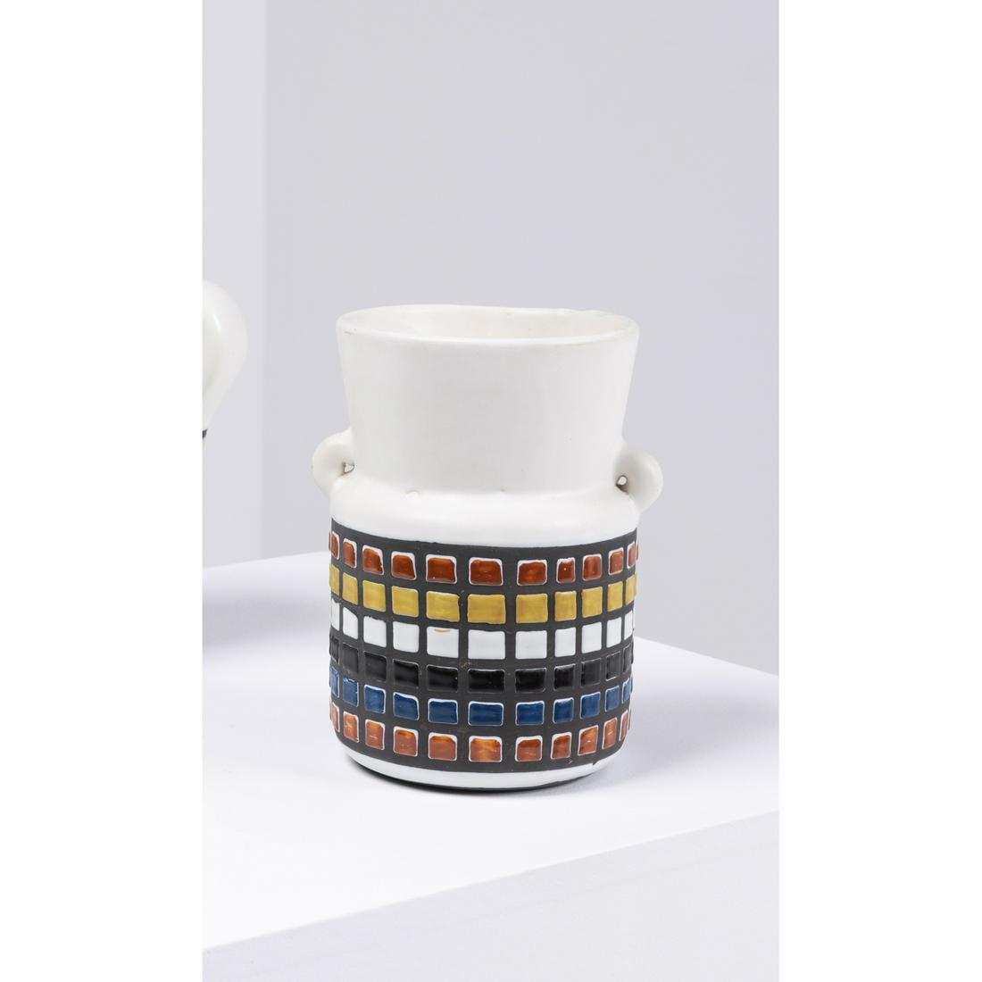 Roger Capron (1922 - 2006) 'Quadrillé multicolor' vase with handles: Roger Capron (1922 - 2006)'Quadrillé multicolor' vase with handles Enamelled ceramic Created around 1955Signed under the base 'Capron Vallauris' in ink H 22 x L 20 cm