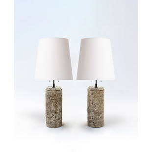 ƒ Peter Lane (born in 1958) Birch Bark Lamp - Unique piece: ƒ Peter Lane (born in 1958)Birch Bark Lamp - Unique piecePair of table lampsGlazed ceramic, brass and fabricModel created in 2018H 72 × Ø 40 cmH 36 × Ø 16,5 cm (base)