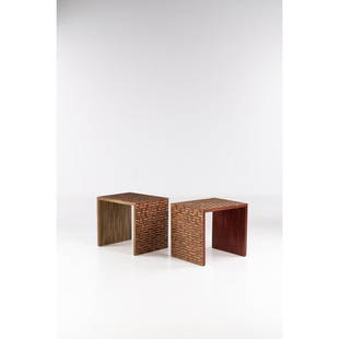 Lison de Caunes (born 1948) Pair of side tables - Unique piece: Lison de Caunes (born 1948)Pair of side tables - Unique pieceStraw marquetry and plywood'Lison de Caunes créations' metal plaqueModel created in 2017H 56,6 × L 63,5 × W 50 cm