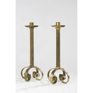 Ivar Alenius-Bjork (1905-1978) Pair of large candleholders: Ivar Alenius-Bjork (1905-1978)Pair of large candleholdersGolden brassEdited by Ystad-MetallModel created circa 1950SignedH: 61,5 cm