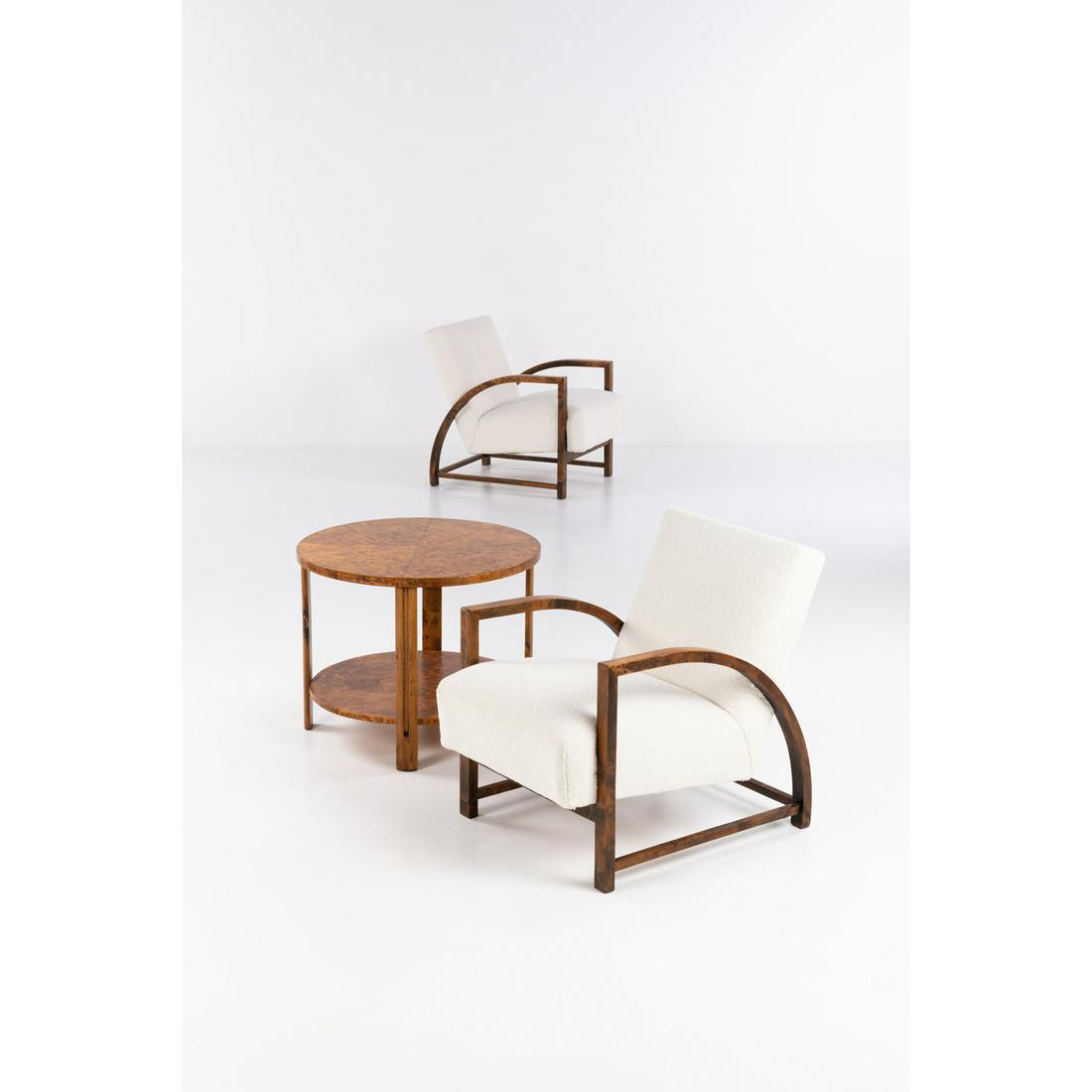 Maija Heikinheimo (1908-1963) Helvi Pair of armchairs and coffee table Wood and fabric Edited by: Maija Heikinheimo (1908-1963)HelviPair of armchairs and coffee tableWood and fabricEdited by AskoModel created in the 1930sH 55 × Ø 69 cm (table)H72 × L 59 × W 75 cm (armchairs)