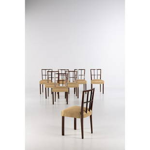 Mario Quarti (1901-1974) Set of eight chairs Varnished wood and fabric Edited by Eugenio Quarti: Mario Quarti (1901-1974)Set of eight chairsVarnished wood and fabricEdited by Eugenio QuartiModel created circa 1940H 85,5 × L 47 × W 43 cm