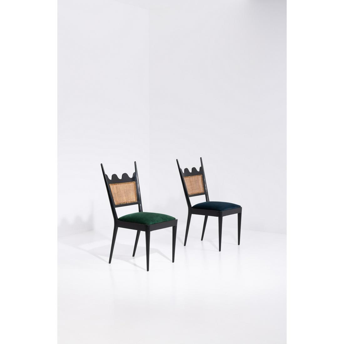 Jean Royère (1902-1981) Pair of 'Ondulation' chairs: Jean Royère (1902-1981)Pair of 'Ondulation' chairsLacquered wood, caning and fabricModel created c. 1950H 90 × L 47 × W 48 cmBibliography: Jean Royère, Galerie Jacques Lacoste et G
