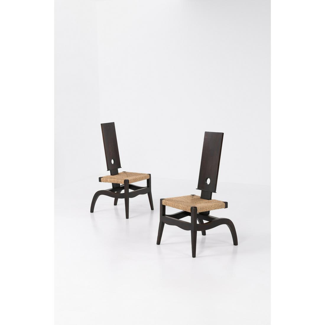 Victor Courtray (1896-1987) Pair of chairs: Victor Courtray (1896-1987)Pair of chairsTinted oak and strawModel created c. 1940H 103 × L 48,5 × W 52cmBibliography: Victor Courtray en Pays basque, Mobilier et Décoration, April 1949