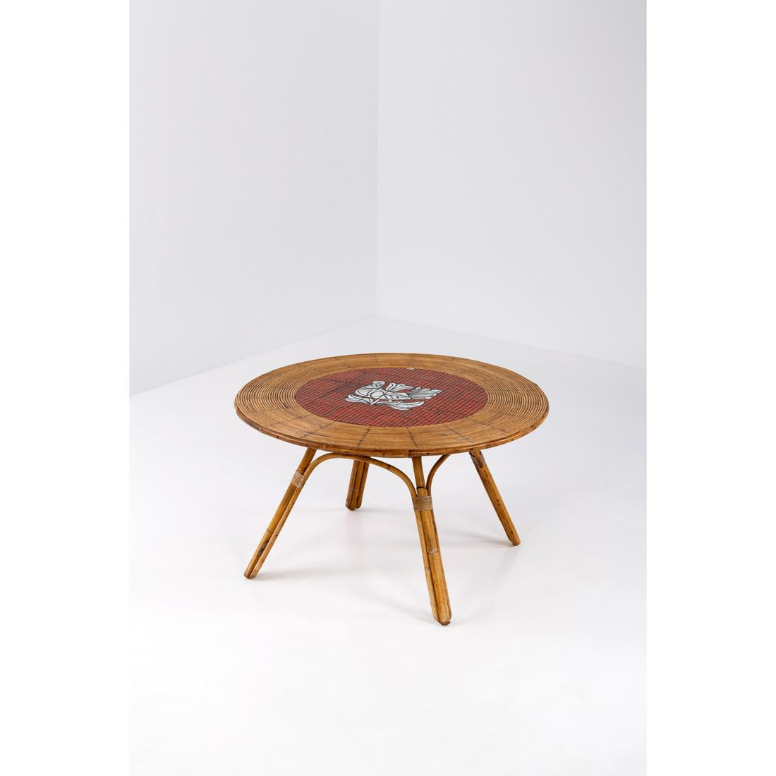 Audoux-Minnet (Edited by, 20th c.) with tiles by Roger Capron (1922-2006) Table: Audoux-Minnet (Edited by, 20th c.) with tiles by Roger Capron (1922-2006)TableRattan and glazed ceramicSigned 'CAPRON' on a tileModel created c. 1960H 70 × Ø 120 cm