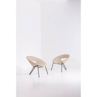 Henri Lancel (20th c.) Pair of 'Satellite' armchairs: Henri Lancel (20th c.)Pair of 'Satellite' armchairsLacquered metal and fabricModel created c. 1955H 68 × L 79 × W 63 cm