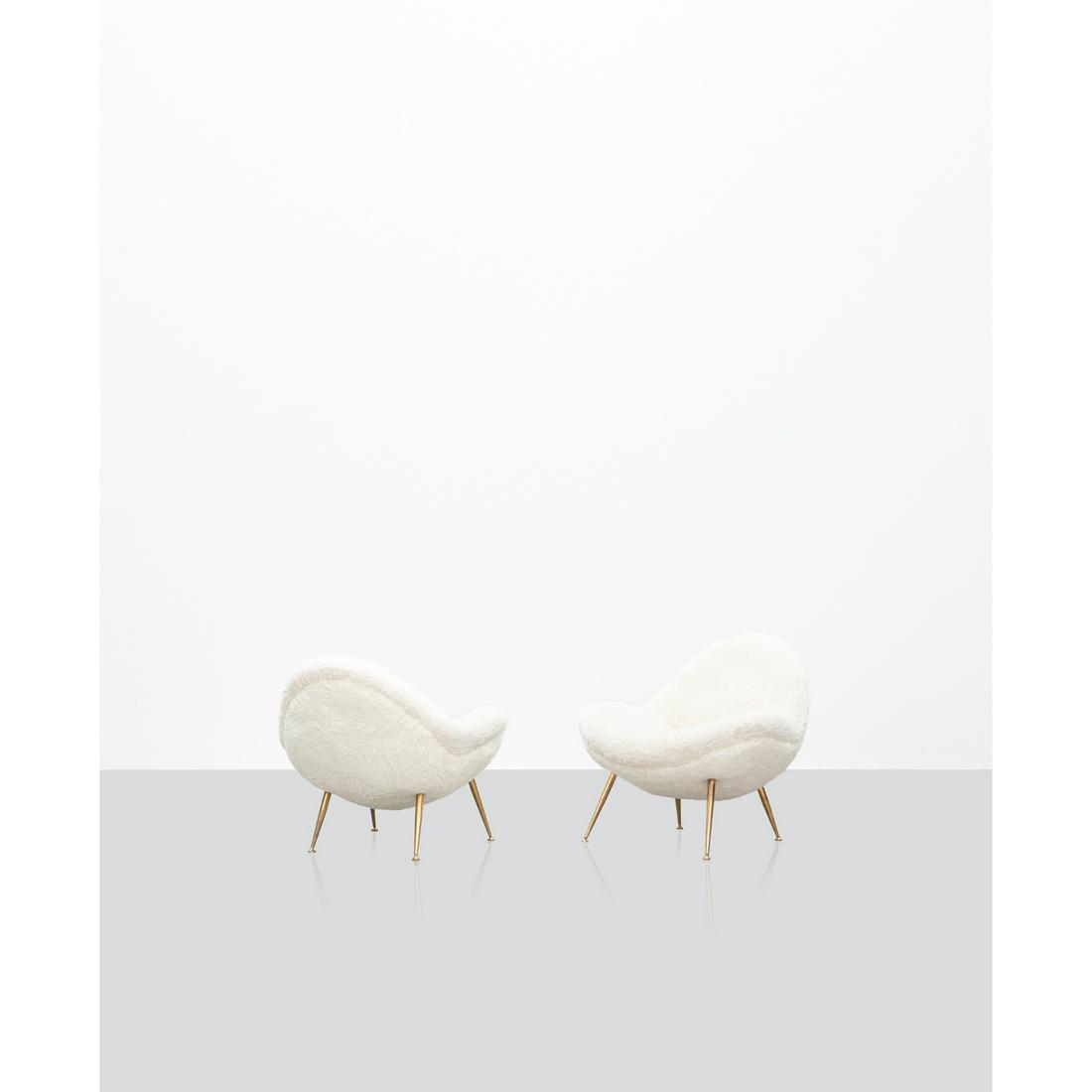 Fritz Neth (20th c.) Pair of armchairs: Fritz Neth (20th c.)Pair of armchairsBrass and woolEdited by CorrectaModel created in 1955H 74 × L 80 × W 77 cm