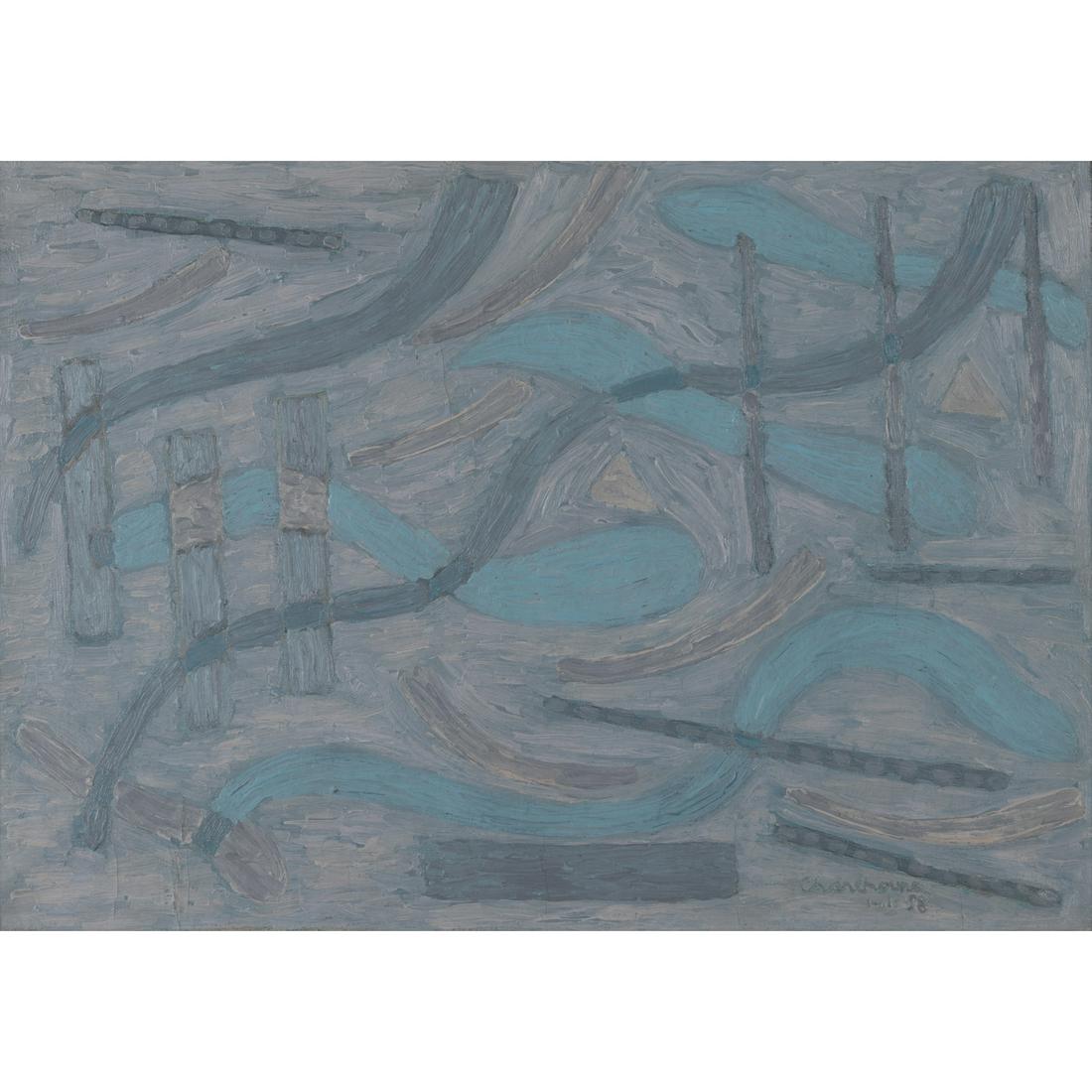 Serge Charchoune (1888-1975) Composition inspirée par la musique de Mozart, 01. 03. 1958: Serge Charchoune (1888-1975)Composition inspirée par la musique de Mozart, 01. 03. 1958Oil on canvasSigned and dated on the bottom right45 x 64 cmProvenance :- Sale Versailles, Versailles ench