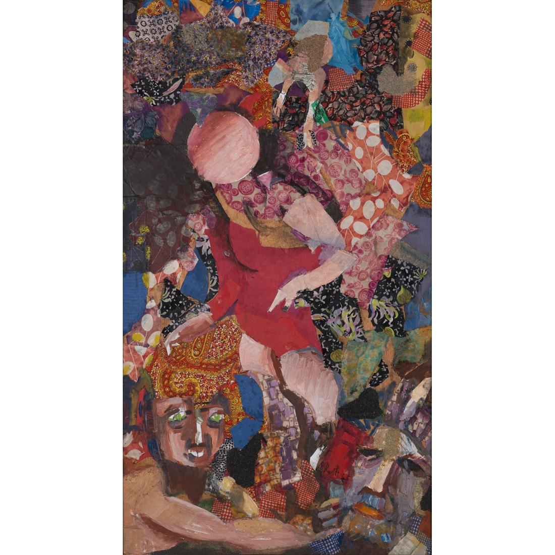 Alfréd Réth (1884-1966) Personnages dans un jardin, 1965: Alfréd Réth (1884-1966) Personnages dans un jardin, 1965 Oil, collage, fabric and sand on panel Signed and dated on the bottom right 94 x 53 cm Provenance : - Sale Paris, Artcurial, 13 Febru