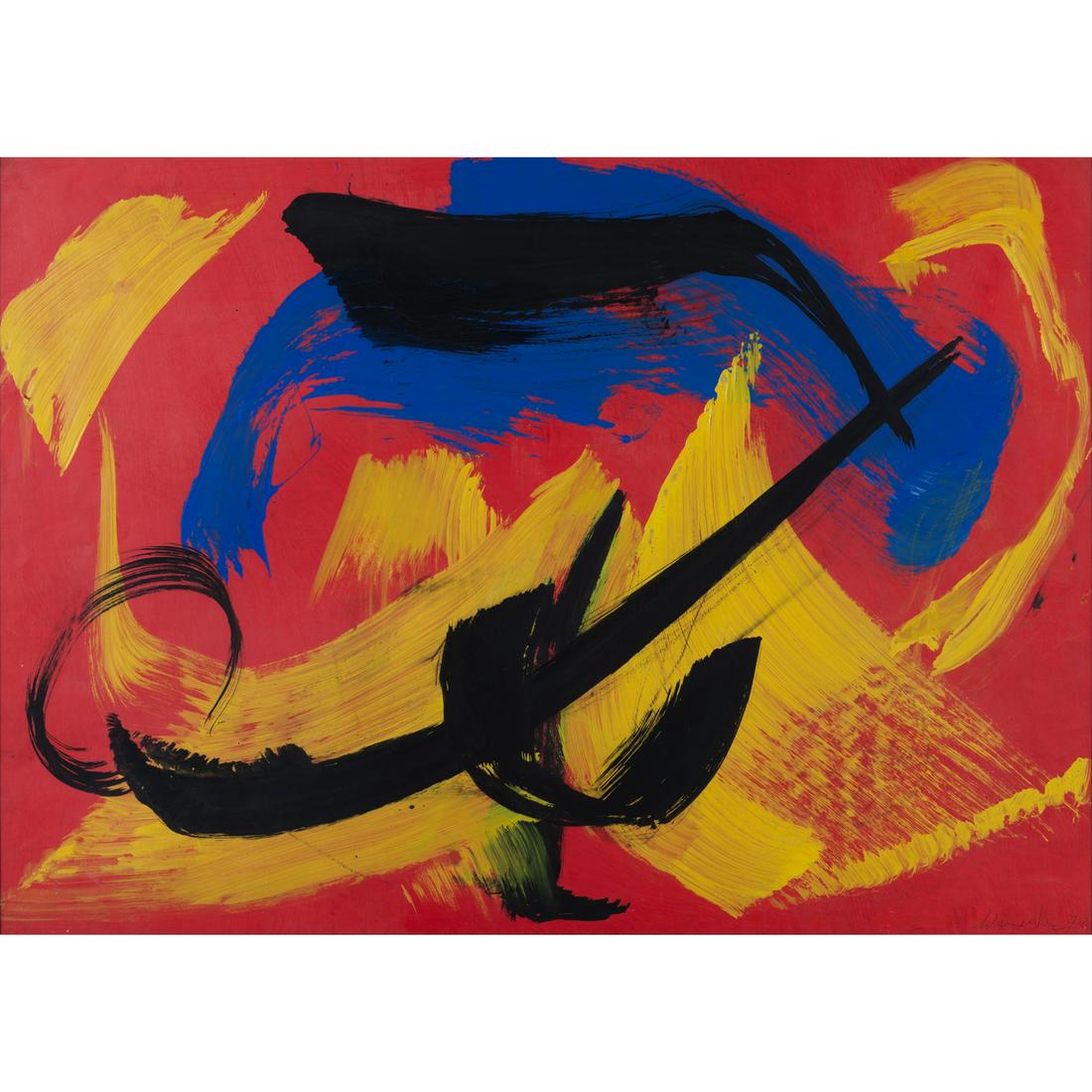 Gérard Schneider (1896-1986) Composition bleue, noire, jaune et rouge, 1970: Gérard Schneider (1896-1986) Composition bleue, noire, jaune et rouge, 1970 Acrylic on paper Signed and dated on the bottom right 73 x 102 cm Provenance : Private collection, ParisBibliography :