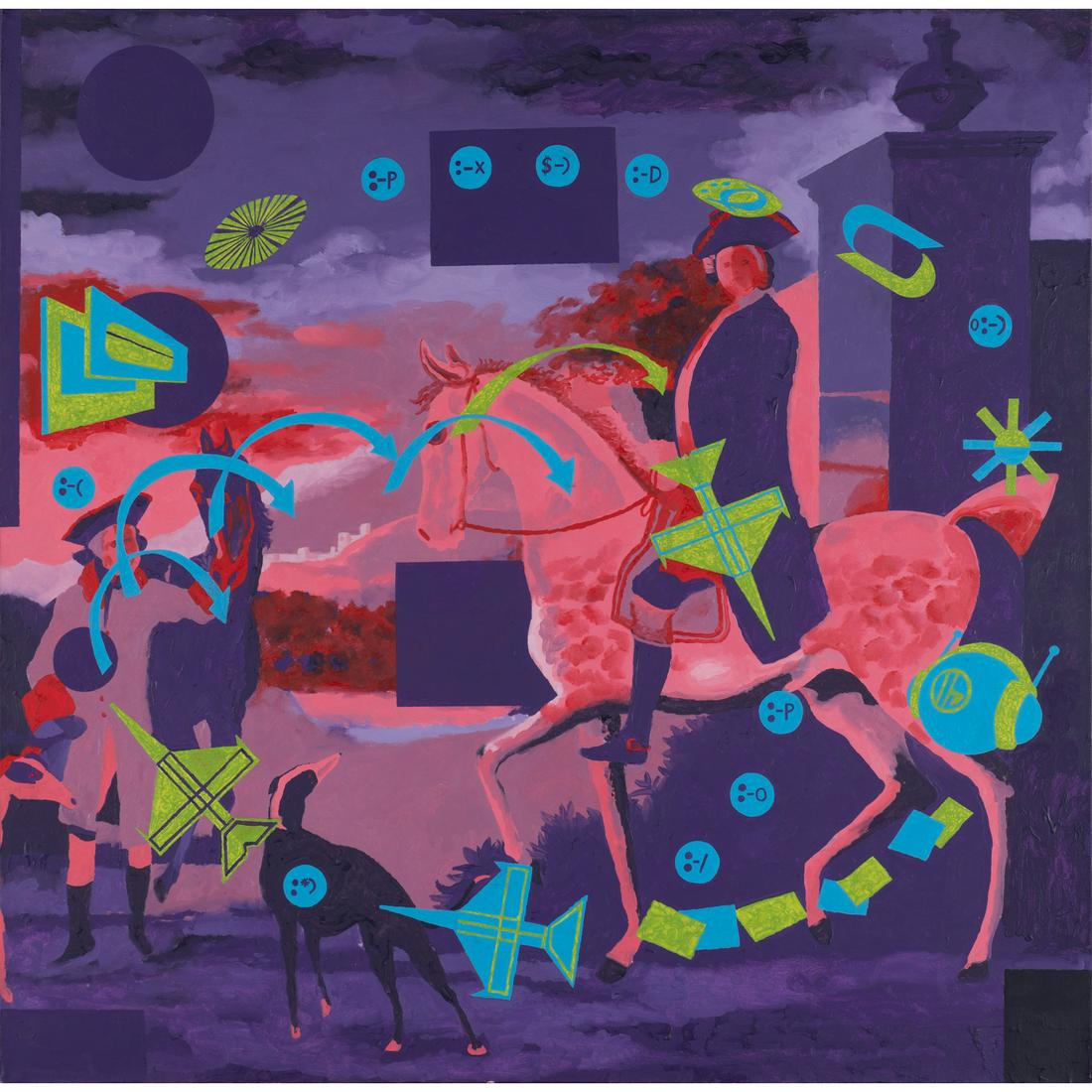 Derek Boshier (b. 1937) Cavalier et avion, 2000: Derek Boshier (b. 1937) Cavalier et avion, 2000 Acrylic on canvas Signed and dated on the reverse118 x 120 cm Provenance : - Sale Paris, Artcurial, 9 December 2020, lot 504 - Acquired from the latter