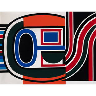 Jean Dewasne (1921-1999) Composition géométrique à bande rouge, verte, noire et: Jean Dewasne (1921-1999) Composition géométrique à bande rouge, verte, noire et bleue, circa 1969 Glycerophtalic lacquer on masonite Signed on the reverse 50 x 65 cm Provenance : - Sale