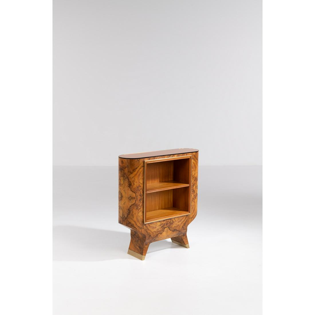Gio Ponti (1891-1979) Storage unit: Gio Ponti (1891-1979)Storage unitWood, walnut burl veneer, tinted and mirrored glassand brassEdited by Giordano ChiesaModel created in the 1940sH 80,5 × L 75 × W 22 cm