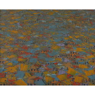 Ablade Glover (b. 1934, Ghana) Untitled (Market Scene), 1991: Ablade Glover (b. 1934, Ghana) Untitled (Market Scene), 1991 Oil on canvas Signed, dated "glo 91" lower left; numbered "150" on back 60 × 75 cm Provenance: North Rhine-Westphalia corporate collec