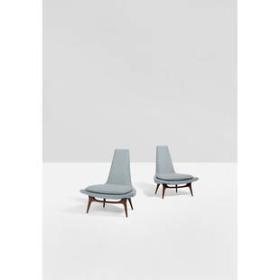Karpen of California (20th c.) Pair of lounge chairs: Karpen of California (20th c.) Pair of lounge chairs Walnut and fabric Model created in the 1950s H 101,5×L 89×W 81 cm