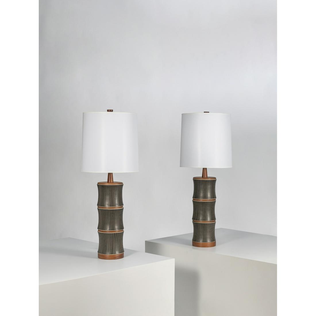 Jane & Gordon Martz (20th c.) Pair of table lamps: Jane & Gordon Martz (20th c.) Pair of table lamps Ceramic, walnut, brass and fabric Edited by Marshall Studios Signed 'Martz' Model created in the 1960s H 104 x Ø 40,5 cm