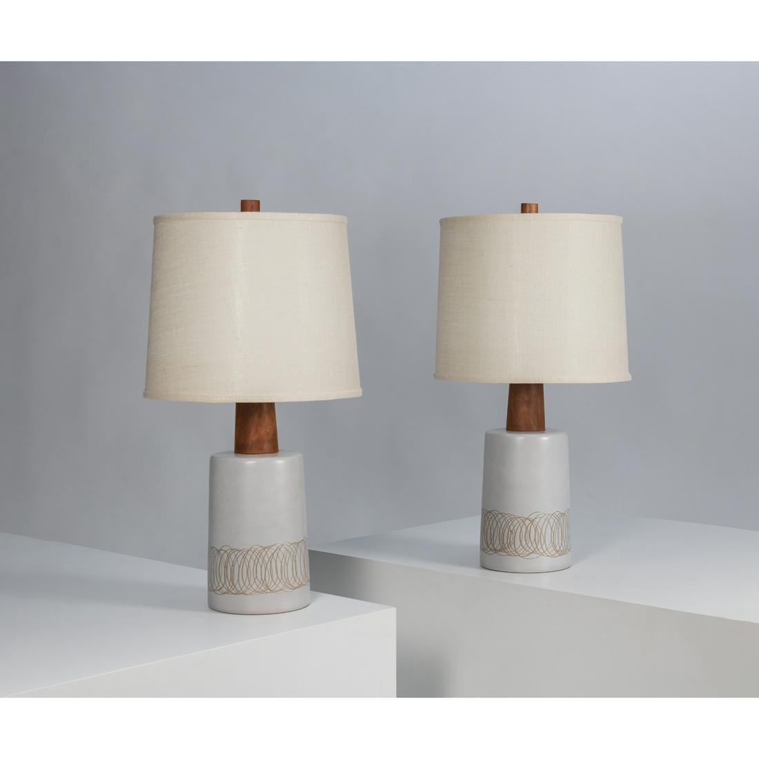 Jane & Gordon Martz (20th c.) Pair of table lamps: Jane & Gordon Martz (20th c.) Pair of table lamps Ceramic, walnut, brass and fabric Edited by Marshall Studios Signed 'Martz' Model created in the 1960s H 80×Ø 43 cm
