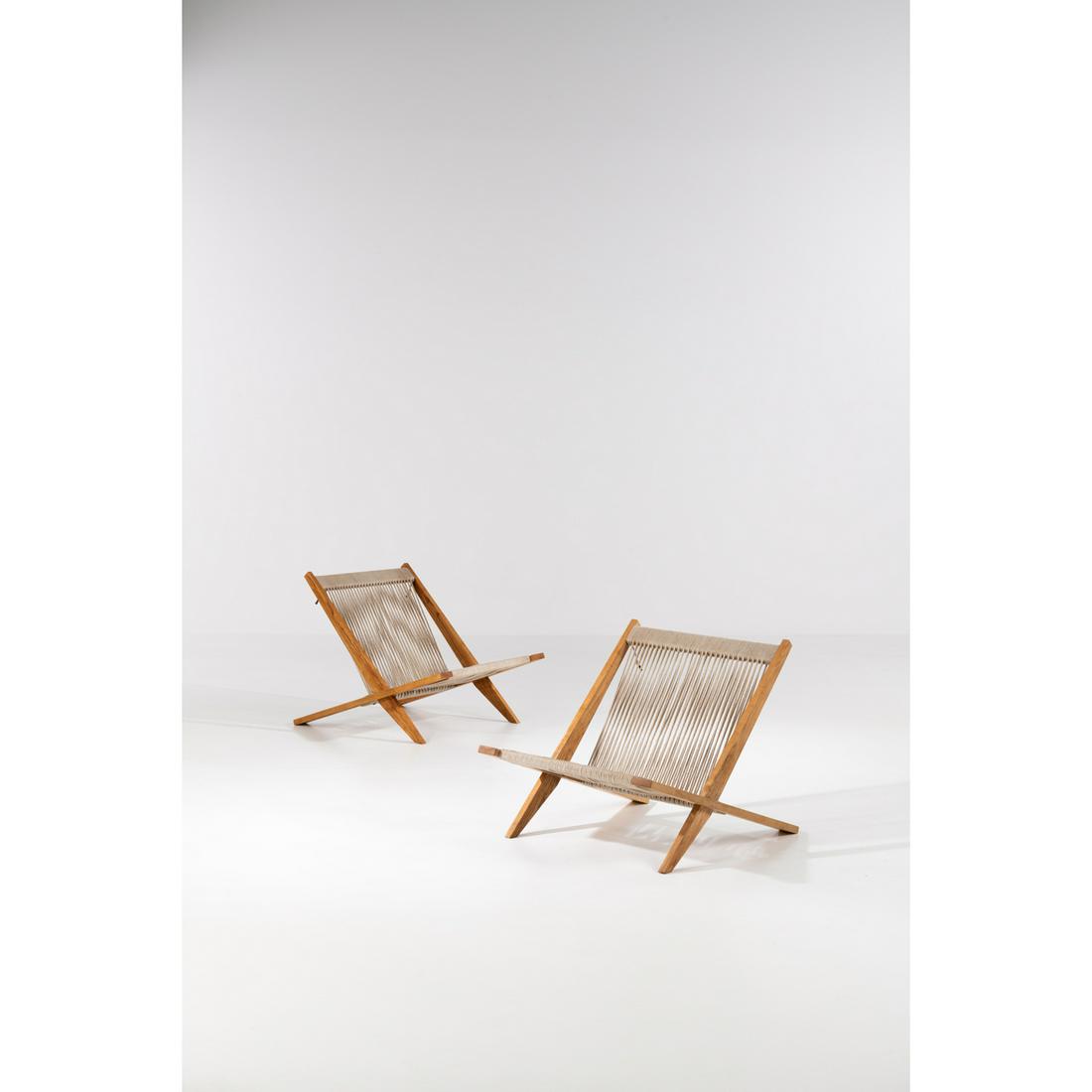 Poul Kjaerholm (1929-1980) & Jørgen Høj (1925-1994) Pair of lounge chairs: Poul Kjaerholm (1929-1980) & Jørgen Høj (1925-1994)Pair of lounge chairsAsh wood and ropeEdited by Thorvald Madsen SnedkeriManufacturer’s plaqueModel created in 1952H 63×L 66×
