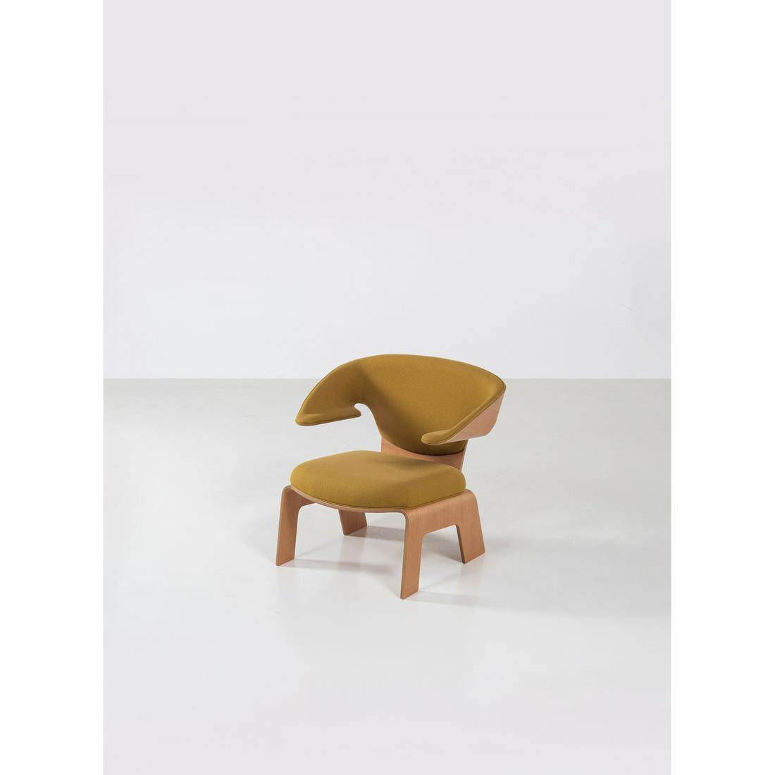 Kenzo Tange (1913-2005) Model RE: Kenzo Tange (1913-2005)Model REArmchairBirch plywood and fabricTendo Mokko editionManufacturer’s label beneath the seatingModel created in 1958H 75 × L 76 × W 60 cm