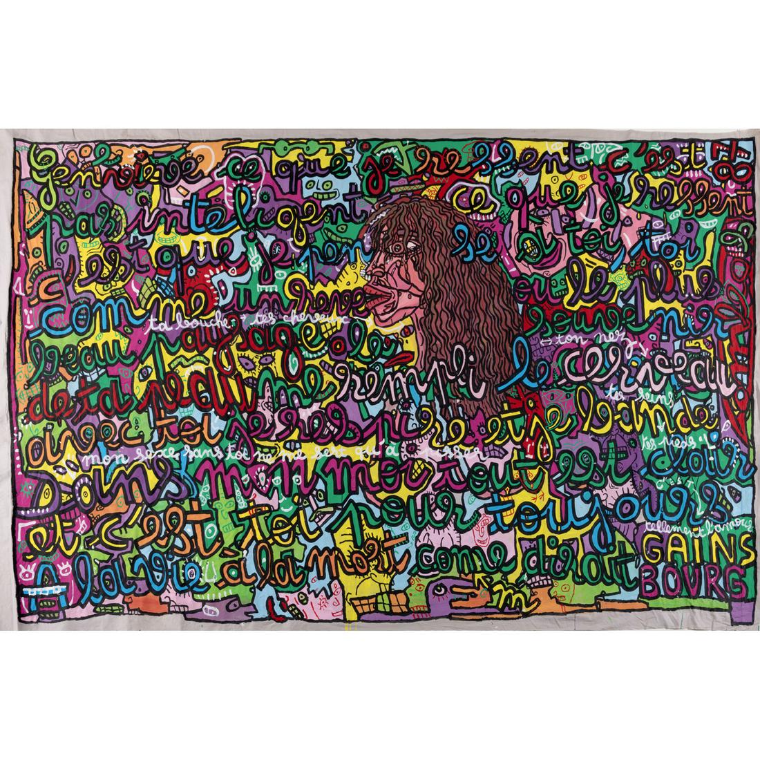 Robert Combas (born in 1957) Geneviève ce que je ressens......., 1987: Robert Combas (born in 1957)Geneviève ce que je ressens......., 1987Acrylic on canvas Signed and dated on the top right on the vertical edgeTitled on the work174,5 x 282 cmProvenance :- Galerie l