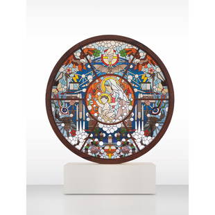 Studio Job (founded in 2000) The Birth - N°2/2: Studio Job (founded in 2000)The Birth - N°2/2Stained glassBlown glass, lead, rosewood and painted MDFEdited by Carpenters Workshop Gallery, limited edition of 2 Model created in 2009Ø 250 ×