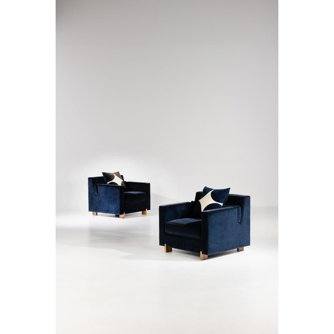 India Mahdavi (born in 1962) Oliver: India Mahdavi (born in 1962)OliverPair of armchairsVelvet and oak'India Mahdavi' labels woven beneath the cushions Model created in 2001H 72 × L 85 × W 82 cmNote: Created for a private resid