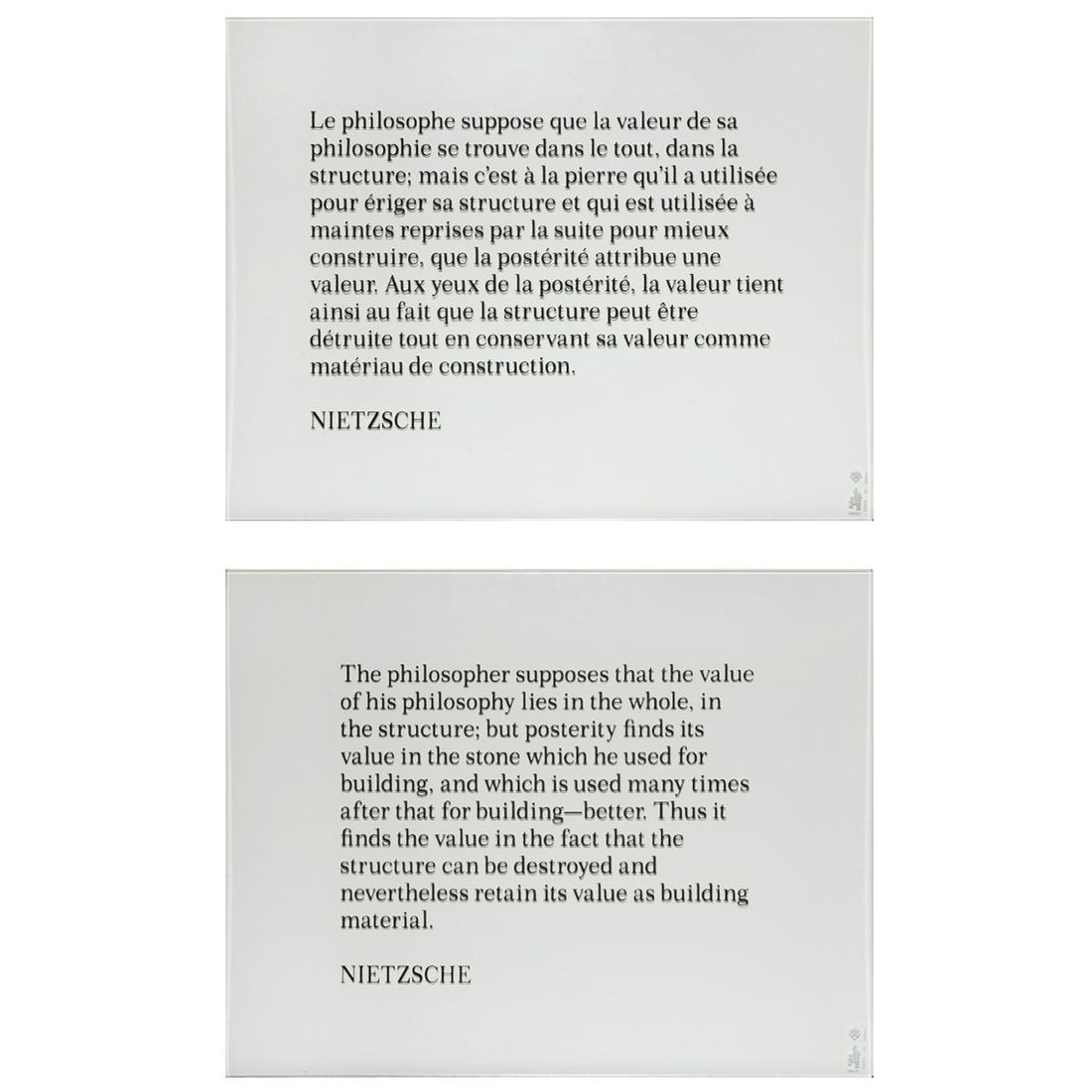 Joseph Kosuth (b. 1945) Ex libris (n.f.f.l) - 1991: Joseph Kosuth (b. 1945) Ex libris (n.f.f.l) - 1991 Set of two screenprints on tempered glassAtelier Arcay, Saint-Escobille Publisher's cardboard box, numbered "23/75" in pencil 41 × 51.5 cm (each