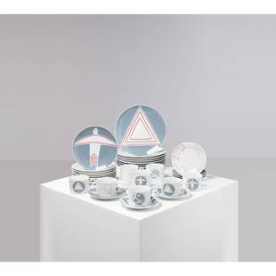 David Tremlett (b. 1945) Artic circle - 1982: David Tremlett (b. 1945) Artic circle - 1982 Set of 32 Winterling porcelain serving pieces Comprising 8 dinner plates, 8 dessert plates, 8 teacups and 8 saucers Each piece signed on the reverse "David