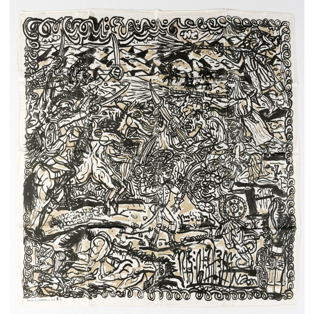 Robert Combas (born in 1957) Bataille - c. 1990: Robert Combas (born in 1957)Bataille - c. 1990Screen-printed silk scarfSigned in the patternPublisher Galerie Yvon Lambert, Paris88 × 88 cmPublisher's folder