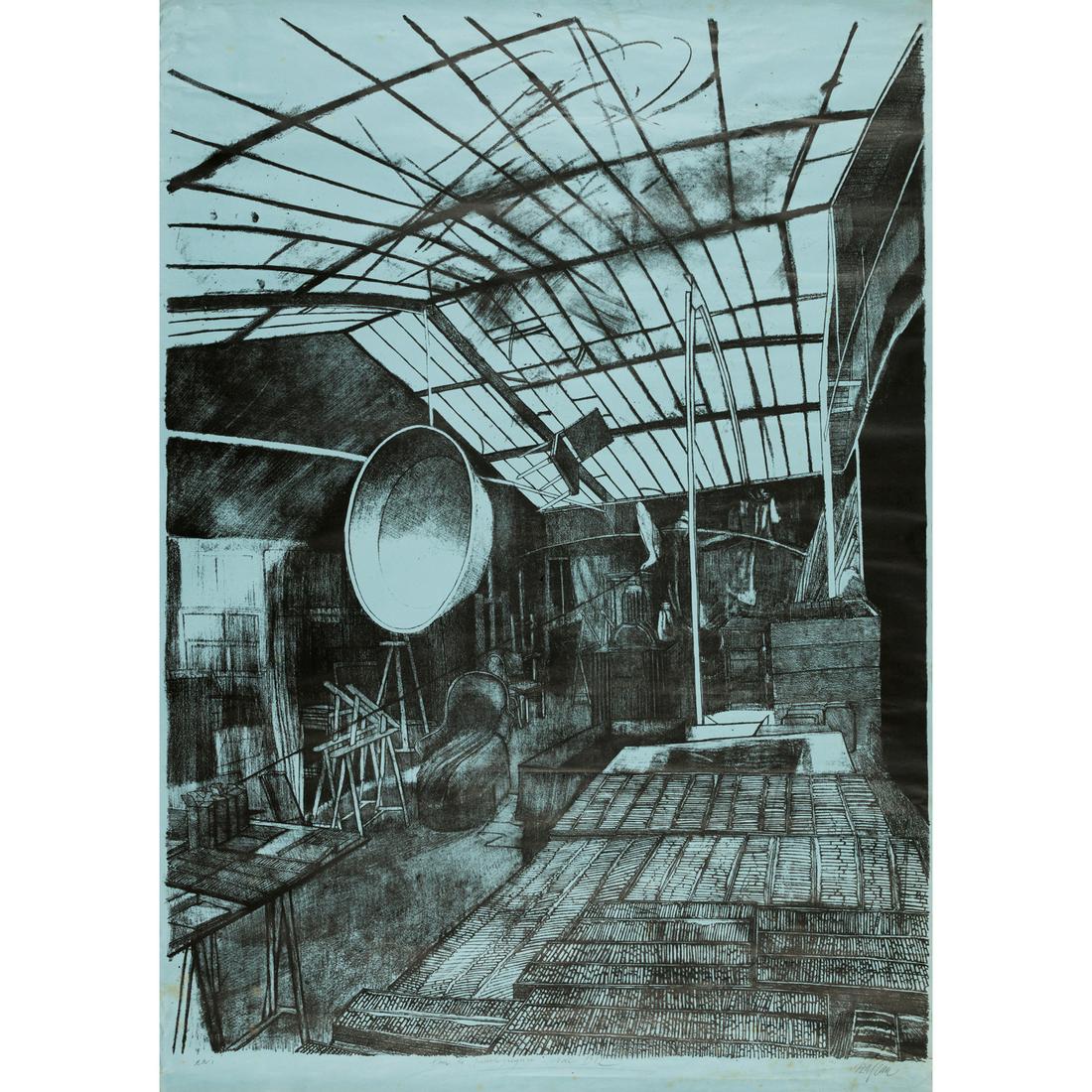 Sam Szafran (1934-2019) L'Atelier de la rue de Crussol - 1972: Sam Szafran (1934-2019) L'Atelier de la rue de Crussol - 1972 Lithograph on blue-tinted fine paper, with full margins Signed, dated "noël 1972", inscribed "ea." and dedicated106 × 74 cm (S)