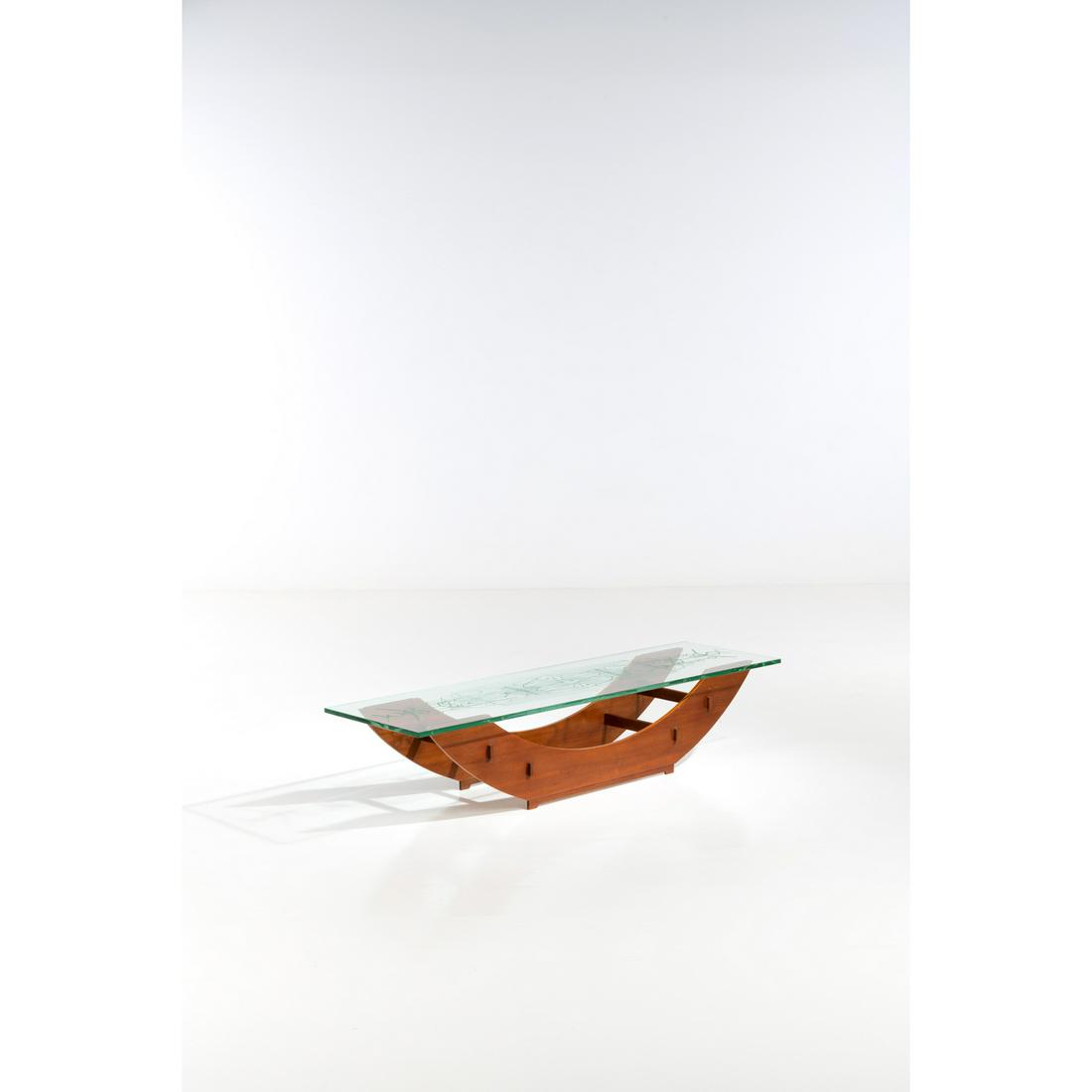 Fontana Arte (Manufacturer, 20th c.) & Duilio Barnabe, 'Dube' (1914-1961) Model 2108: Fontana Arte (Manufacturer, 20th c.) & Duilio Barnabe, 'Dube' (1914-1961)Model 2108Coffee tableWood and engraved glassEdited by Fontana ArteModel created in the 1950sH 33 × L 159 × W 44,5 cm