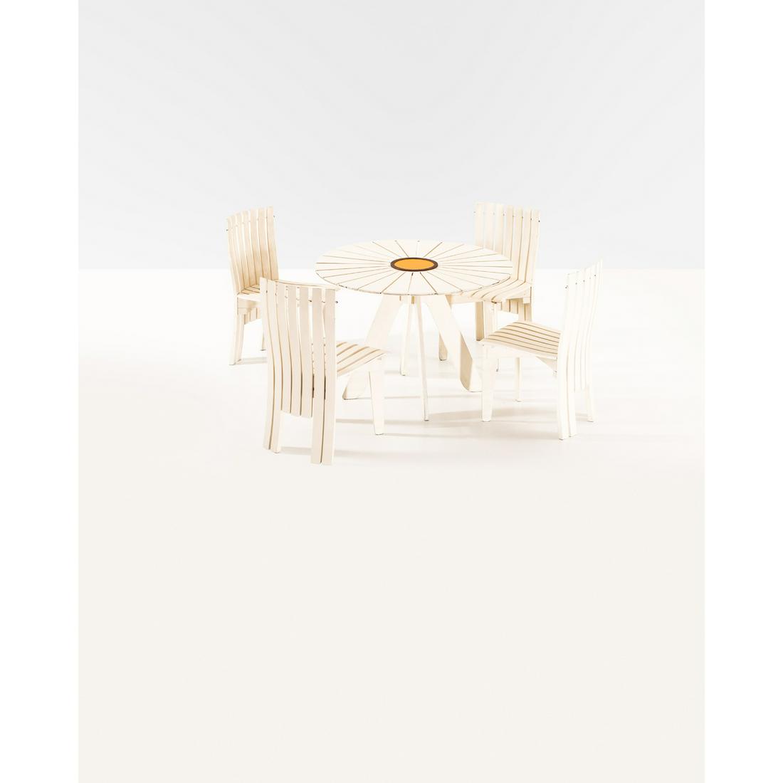 Alvar Aalto (1898-1976) & Aino Aalto (1894- 1949): Alvar Aalto (1898-1976) & Aino Aalto (1894-1949)Table, model 330 and four chairs, model 310, 'Sunflower'Lacquered wood, lacquered metal and brassEdited by Jalo-Set KyModels created circa 1939H 71 