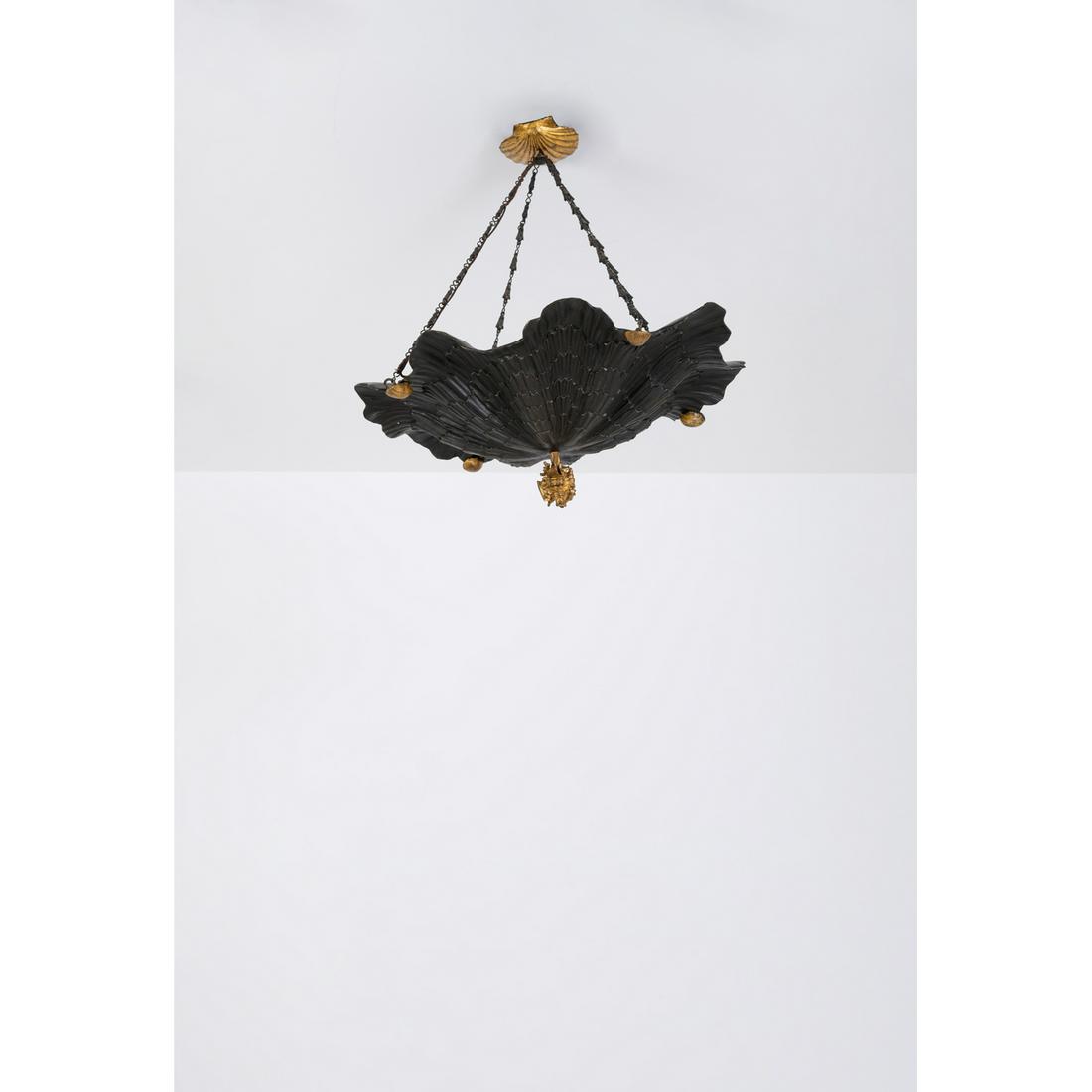 A patinated and gilt bronze chandelier with scallop and shell motifs,  suspended by four chains with (1 of 1)